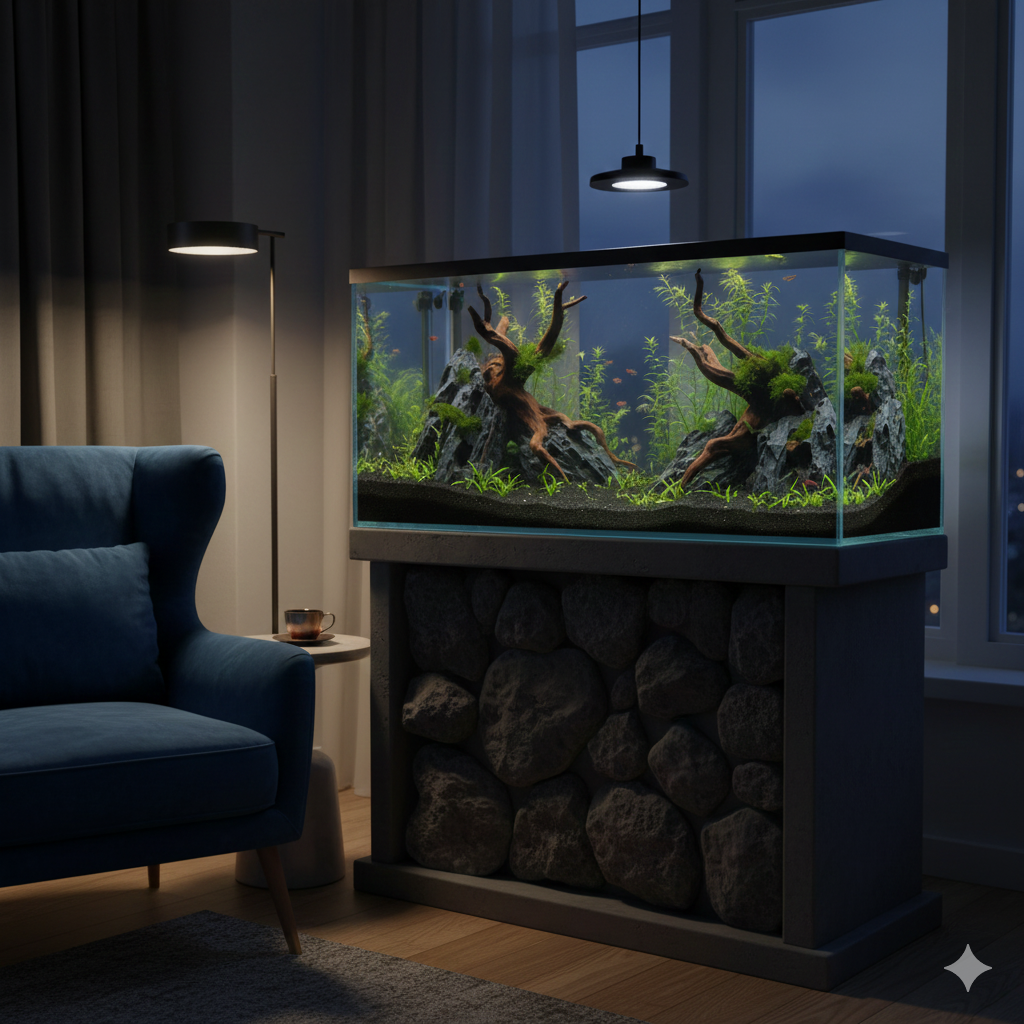 Panoramik manzaralı daire akvaryumu - şehir manzarasıyla uyumlu aquascape