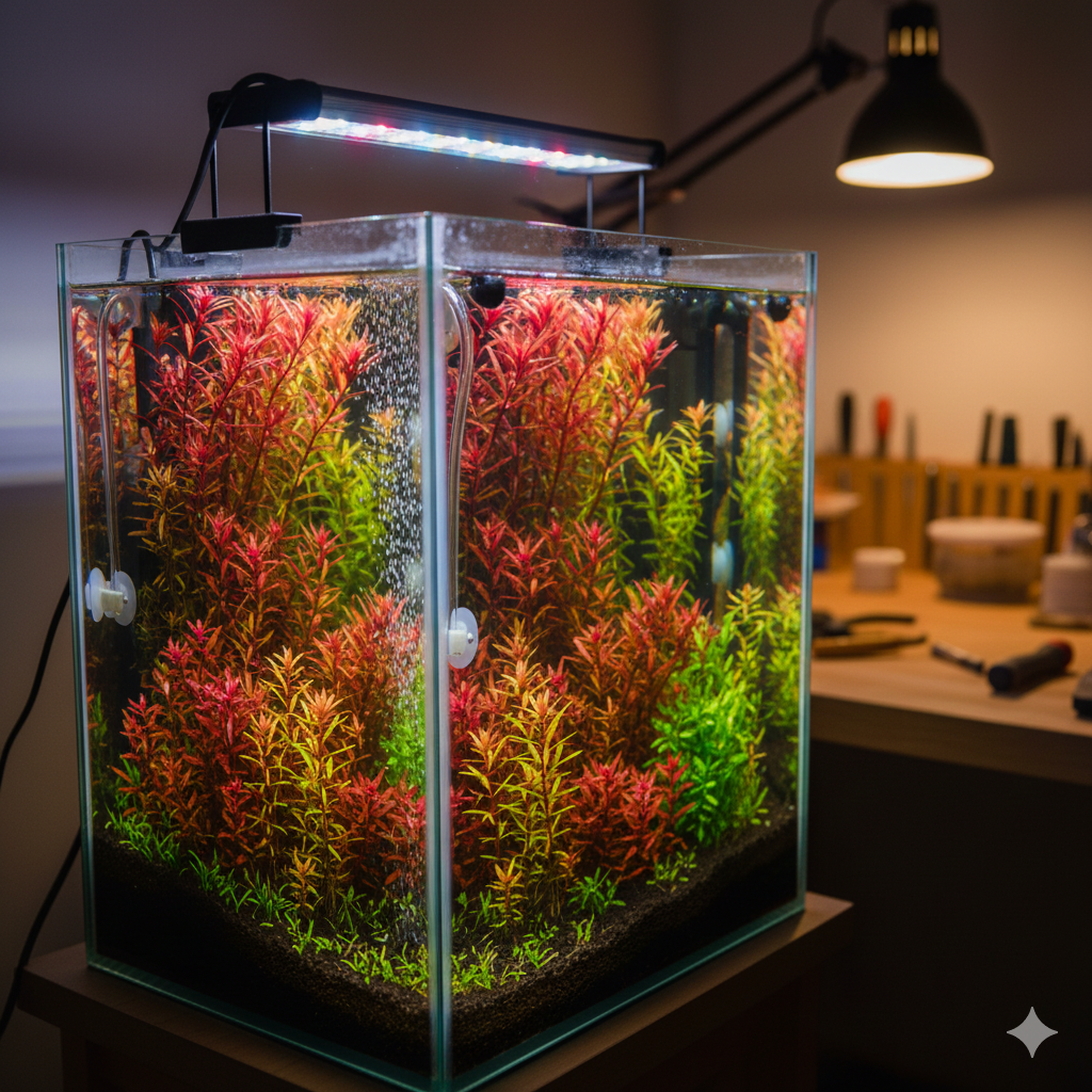 Masa üstü nano akvaryum tasarımı - çalışma alanı için kompakt aquascape