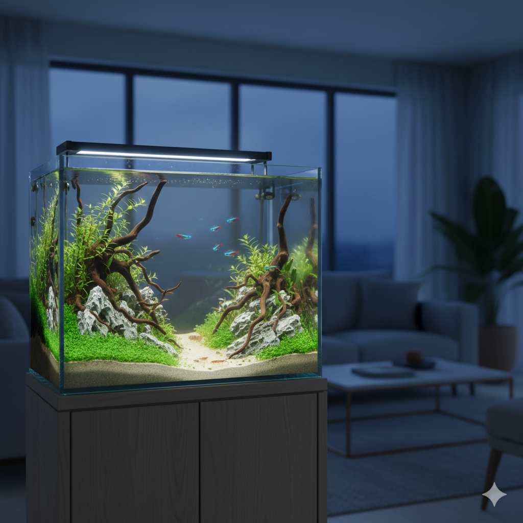 Minimalist salon aquascape projesi - sade ve şık ev akvaryumu tasarımı