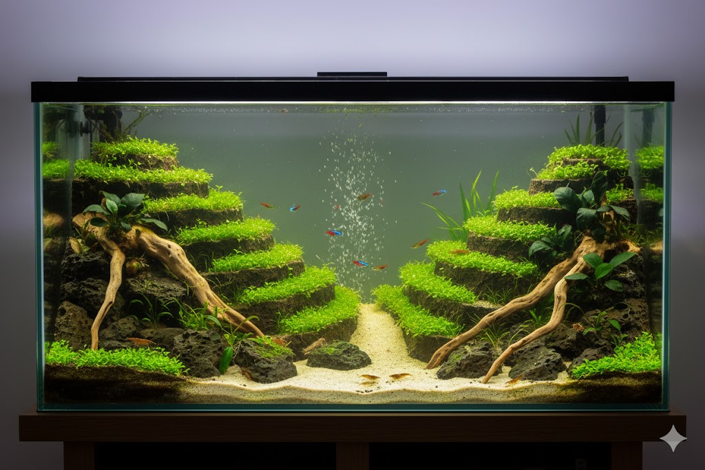 Bali Pirinç Terasları aquascape - Endonezya temalı yeşil akvaryum