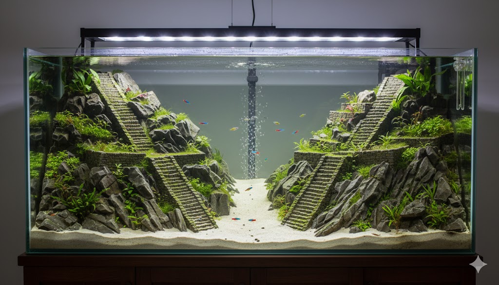 İnka Tapınağı merdivenleri aquascape - Machu Picchu temalı akvaryum